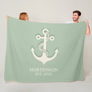 Aqua Turquoise White Anchor Name Date Nautical   Fleece Blanket