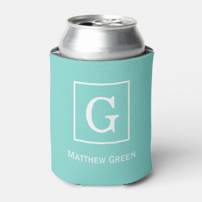 Aqua Turquoise White Framed Initial Monogram Can Cooler (Can Front)