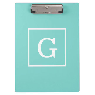 Aqua Turquoise White Framed Initial Monogram Clipboard
