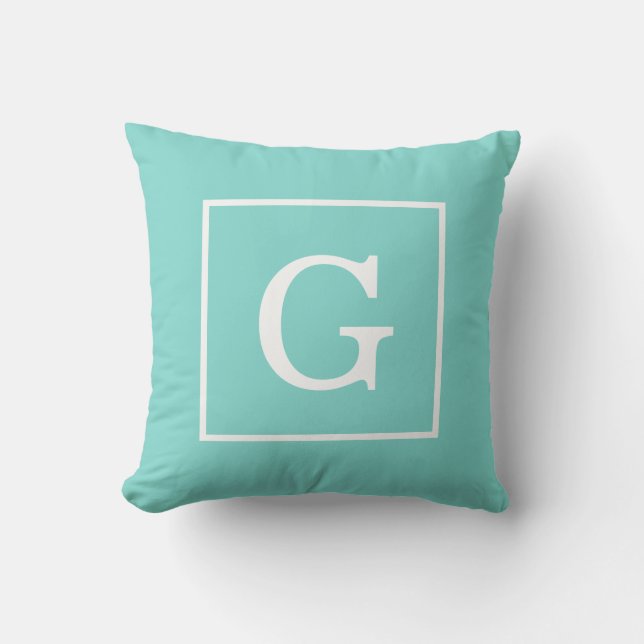 Aqua Turquoise White Framed Initial Monogram Cushion (Front)