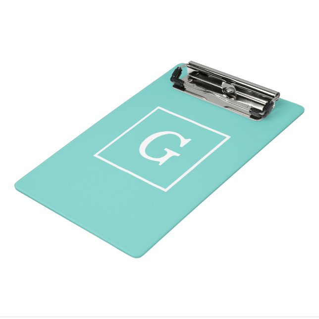 Aqua Turquoise White Framed Initial Monogram Mini Clipboard (Angled3)