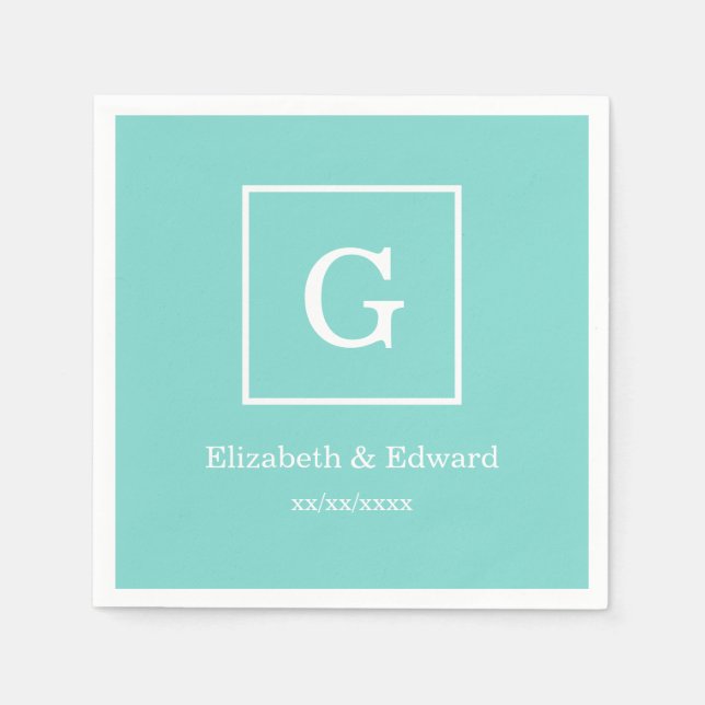 Aqua Turquoise White Framed Initial Monogram Napkin (Front)