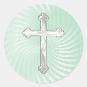 Aqua Twirl Silver Pearl Cross Classic Round Sticker