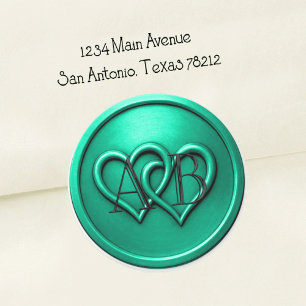 Aqua Two Hearts Intertwined Black Monogram Wedding Classic Round Sticker