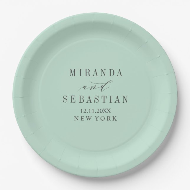 Aqua typography monogram wedding paper plate (Front)