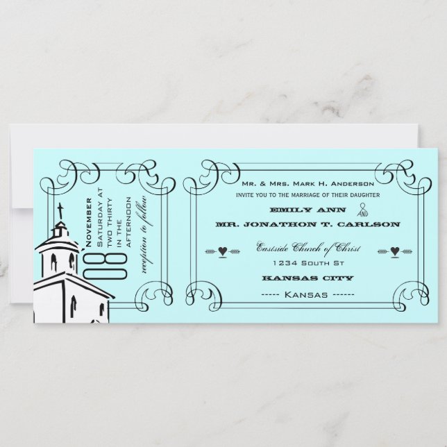 Aqua Typography Quote Chapel Ticket Wedding Invitation (Front)