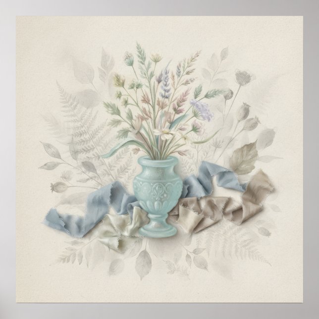 Aqua Vase Wildflowers Blue Silk Botanical Poster (Front)