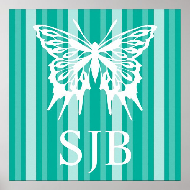 Aqua Victorian Lady Stripe with Butterfly Poster (Front)