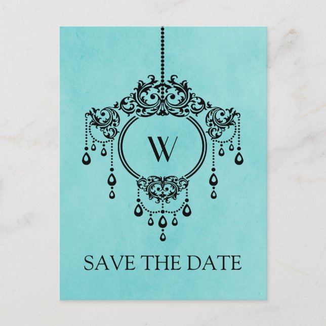 Aqua Vintage Chandelier Save the Date Postcard (Front)