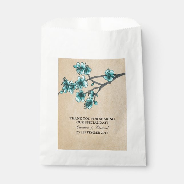 Aqua Vintage Cherry Blossoms Favour Bags (Front)