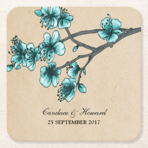 Aqua Vintage Cherry Blossoms Paper Coasters