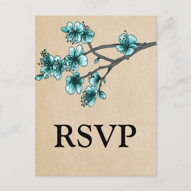 Aqua Vintage Cherry Blossoms RSVP Postcard (Front)