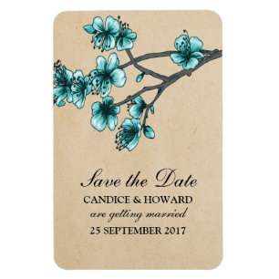Aqua Vintage Cherry Blossoms Save the Date Magnet