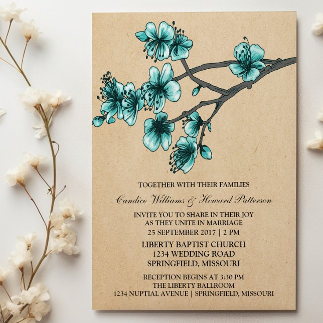 Aqua Vintage Cherry Blossoms Wedding Invite (Aqua Vintage Cherry Blossoms Wedding Invite)