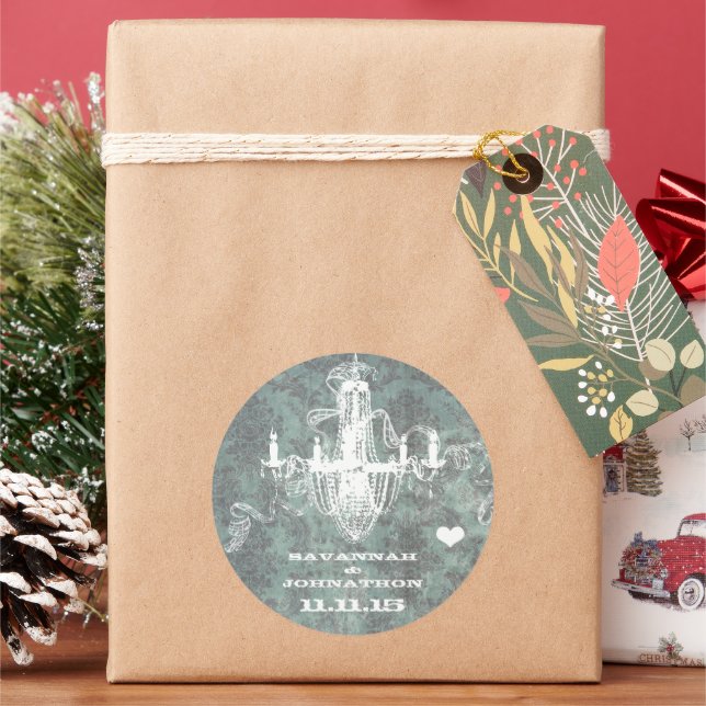 Aqua Vintage Damask Chandelier Classic Round Sticker (Holiday)