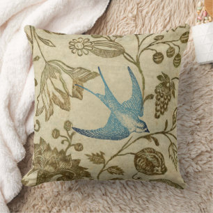Aqua Vintage Earth Tones Floral Bird Pattern Cushion