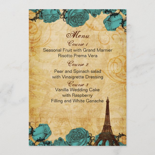 aqua vintage eiffel tower Paris wedding menu cards (Front)