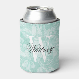 Aqua Vintage Floral Print Monogram Can Cooler