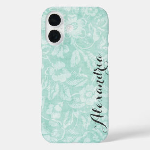 Aqua Vintage Floral Print Monogram iPhone 16 Case