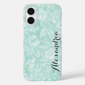 Aqua Vintage Floral Print Monogram iPhone 16 Case