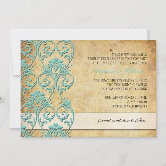 Aqua Vintage Floral Swirl Wedding Invitation (Front)