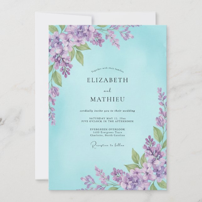 Aqua Violet Wisteria Wedding Invitation (Front)