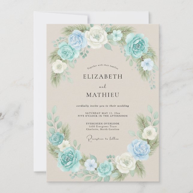 Aqua Warm Cream Peony Wedding Invitation (Front)