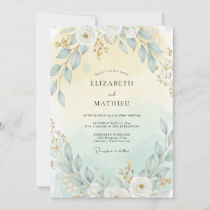 Aqua Warm Gold Leafy Wedding Invitation