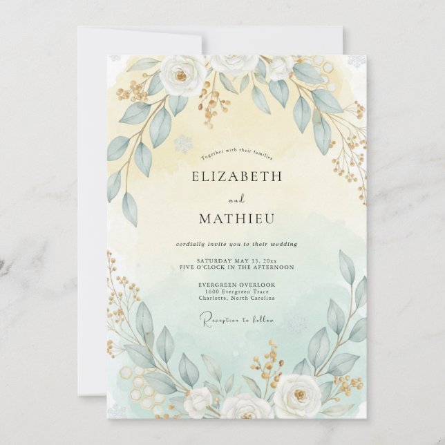 Aqua Warm Gold Leafy Wedding Invitation (Front)