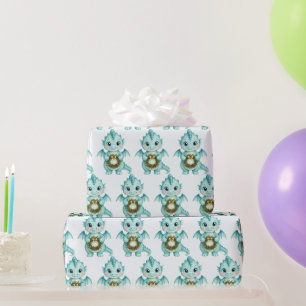 Aqua Watercolor Baby Dragon Christmas Wreath Wrapping Paper