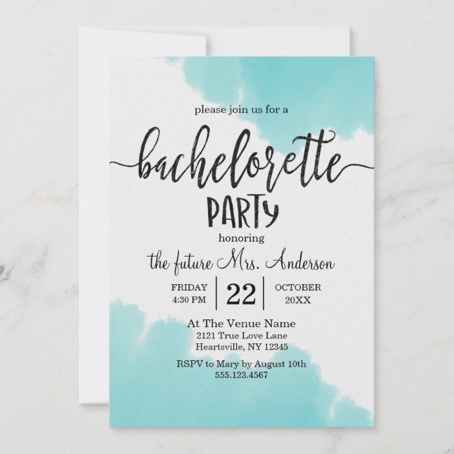 Aqua Watercolor Bachelorette Party Invitation (Front)