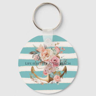 Aqua Watercolor Beach Stripes Gold Floral Anchor Key Ring