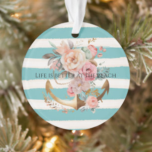 Aqua Watercolor Beach Stripes Gold Floral Anchor Ornament