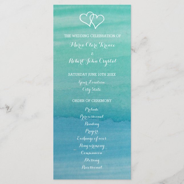 Aqua watercolor beach wedding ceremony program programme (Front)