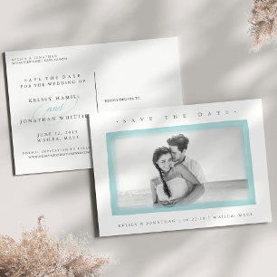 Aqua Watercolor Border Photo Save the Date Announcement Postcard