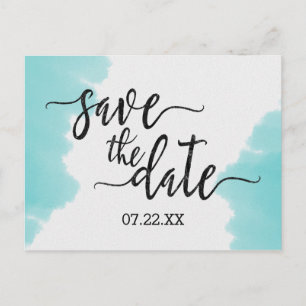 Aqua Watercolor Brush Stroke Wedding Save the Date Announcement Postcard