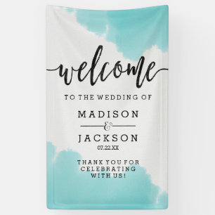 Aqua Watercolor Brush Strokes Wedding Welcome Banner
