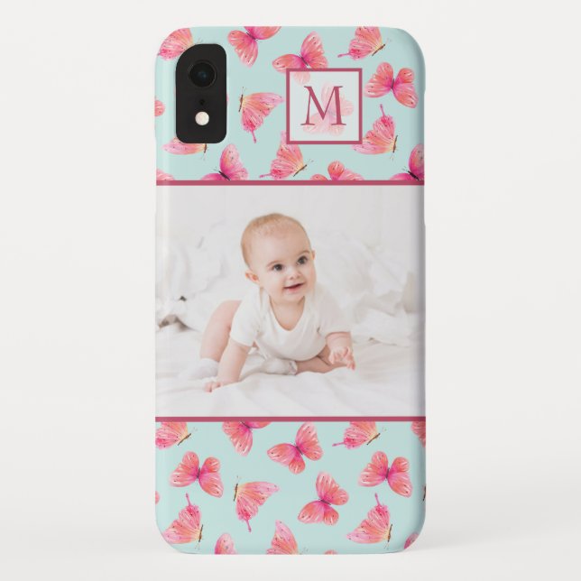 Aqua Watercolor Butterfly Monogram Photo Case-Mate iPhone Case (Back)