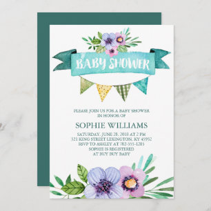 Aqua Watercolor Floral Baby Shower Invitation