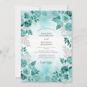 Aqua Watercolor Floral Winter Wedding Invitation