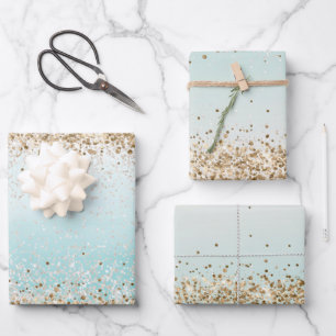 Aqua Watercolor Gold Confetti Glitter Wrapping Paper Sheet