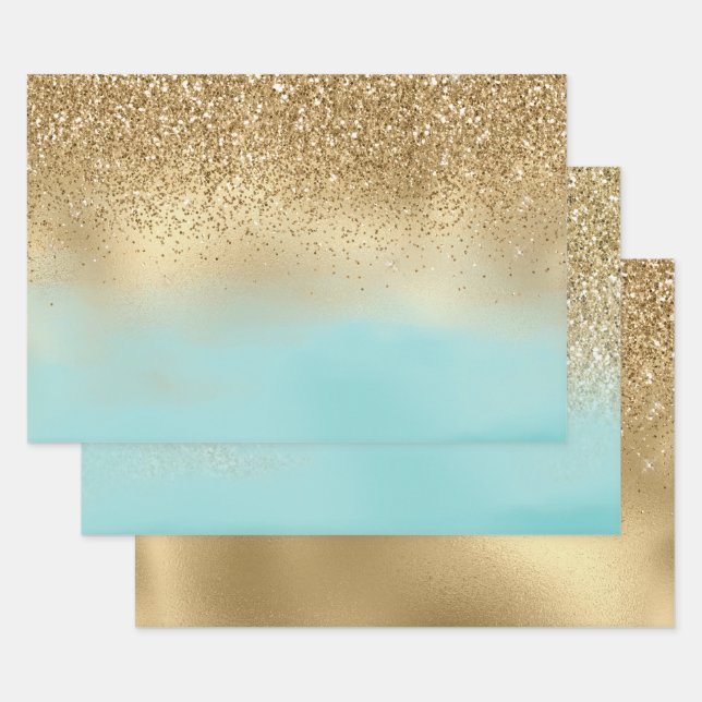 Aqua Watercolor Gold Glitter   Wrapping Paper Sheet (Set)