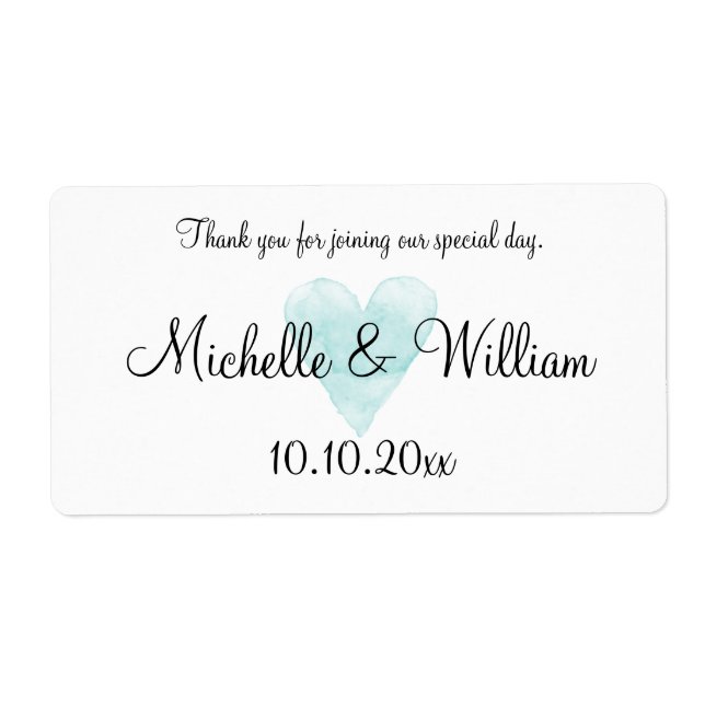 Aqua watercolor heart wedding water bottle labels (Front)