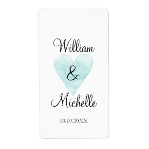 Aqua watercolor heart wedding wine bottle labels