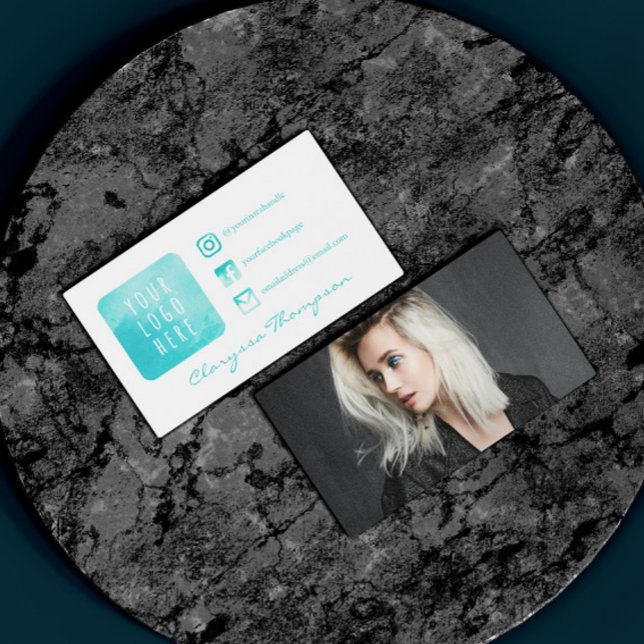 Aqua Watercolor Logo & Photo Social Media Business Card (Creator Uploaded)