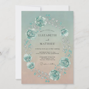 Aqua Watercolor Ranunculus Wedding Invitation