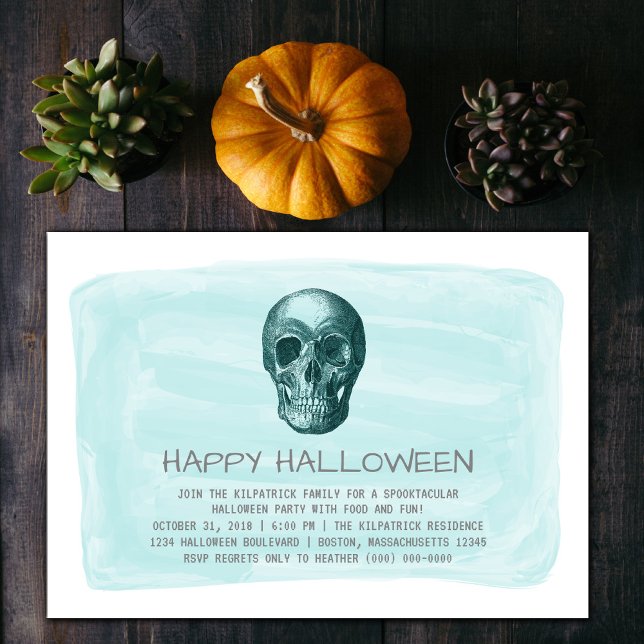 Aqua Watercolor Skull Halloween Party Invite (Aqua Watercolor Skull Halloween Party Invite)
