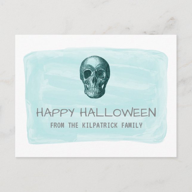 Aqua Watercolor Skull Halloween Postcard (Front)