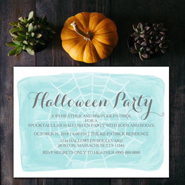 Aqua Watercolor Spider Web Halloween Party Invite (Aqua Watercolor Spiderweb Halloween Party Invite)