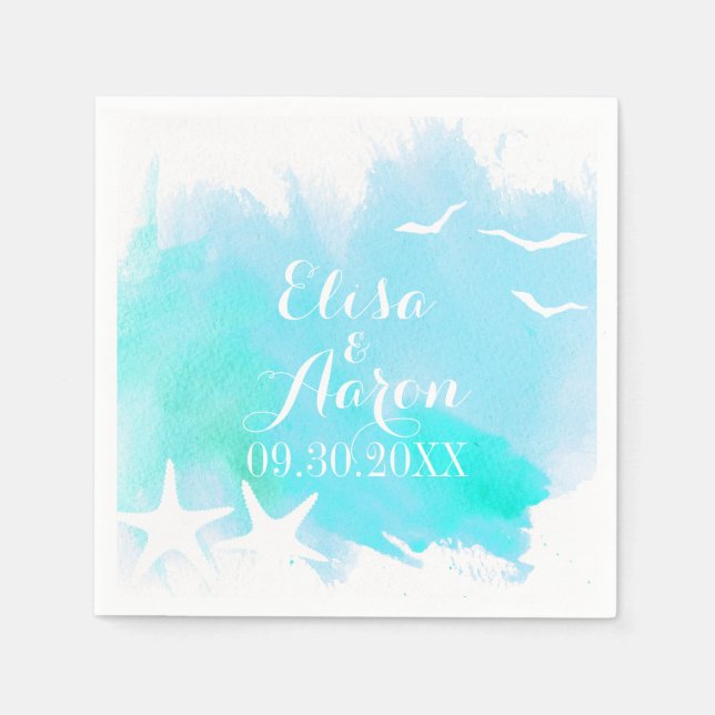 Aqua watercolor, starfish beach wedding napkin (Front)